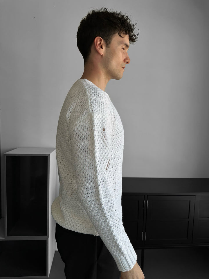 Regular Fit Textured Torn Sweater - White