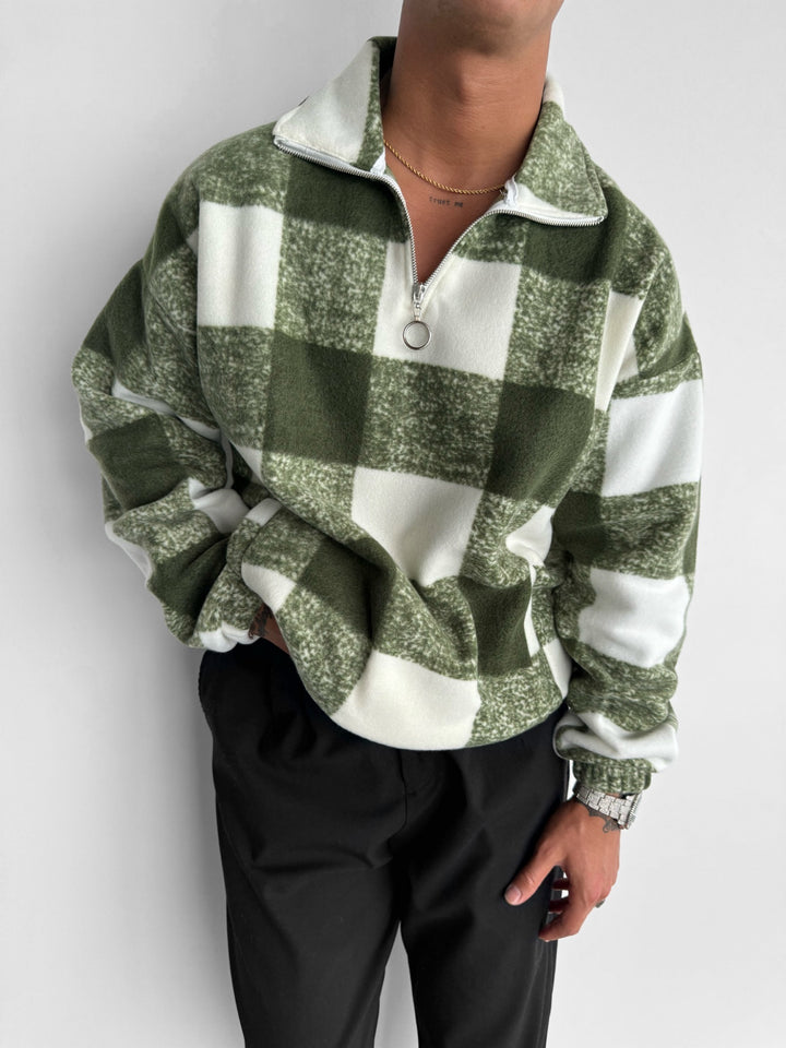 Oversize Checked Zipper Pullover - Green