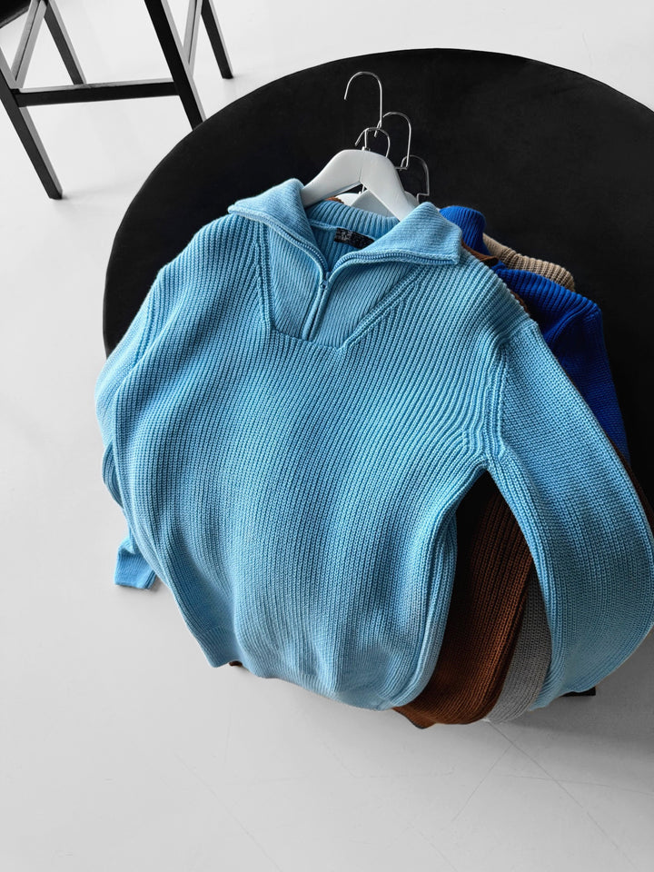 Oversize Collar Zipper Knit Sweater - Baby Blue