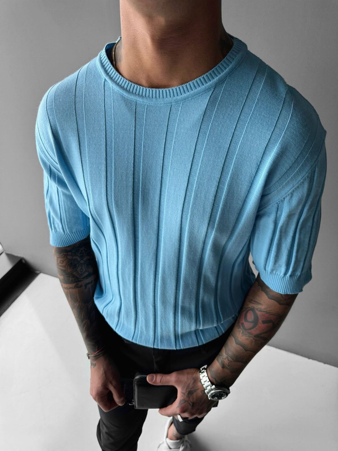 Regular Fit Knit Lines T-shirt - Babyblue