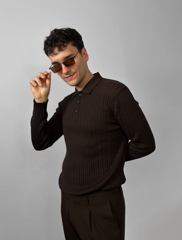 Slim Fit Textured Polo Knit Sweater - Dark Brown