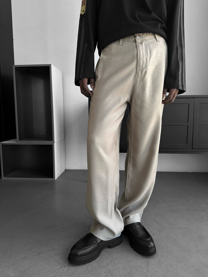 Loose Fit Cotton Trousers - Beige