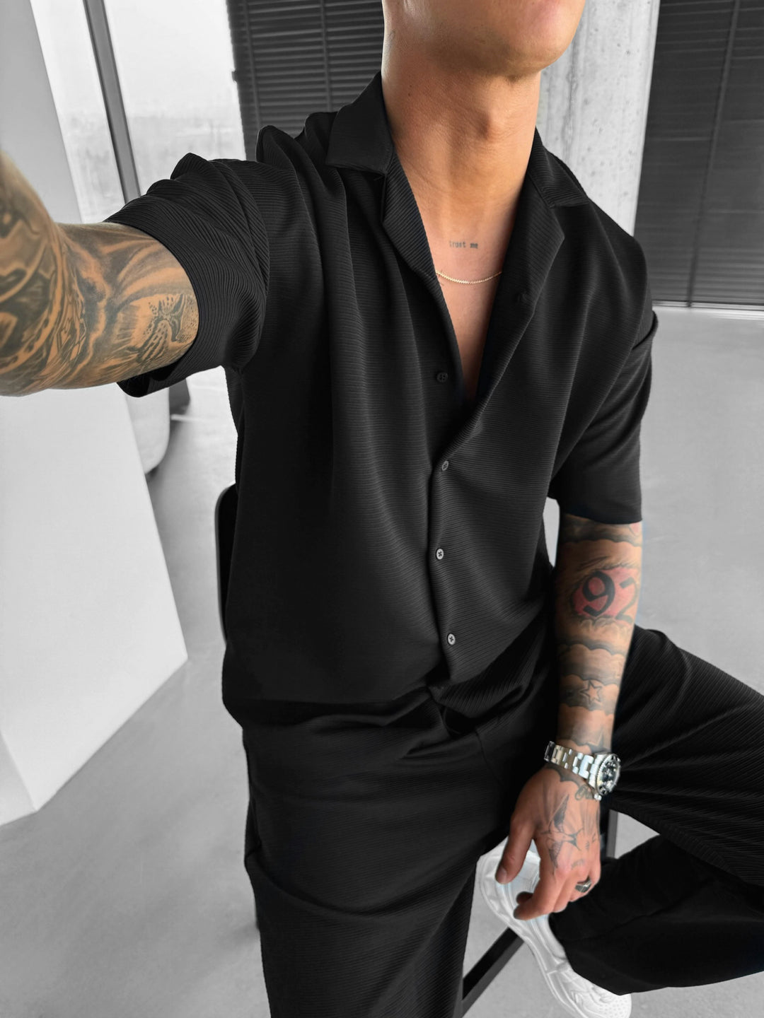 Regular Fit Lines Shirt - Black