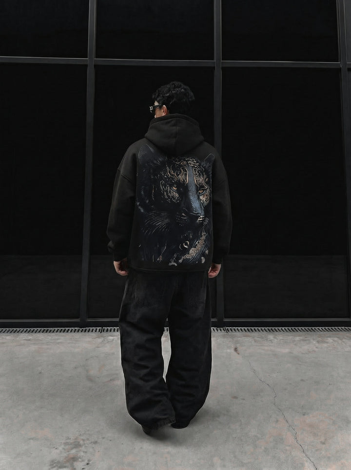 Oversize Detailed Lion Hoodie - Black