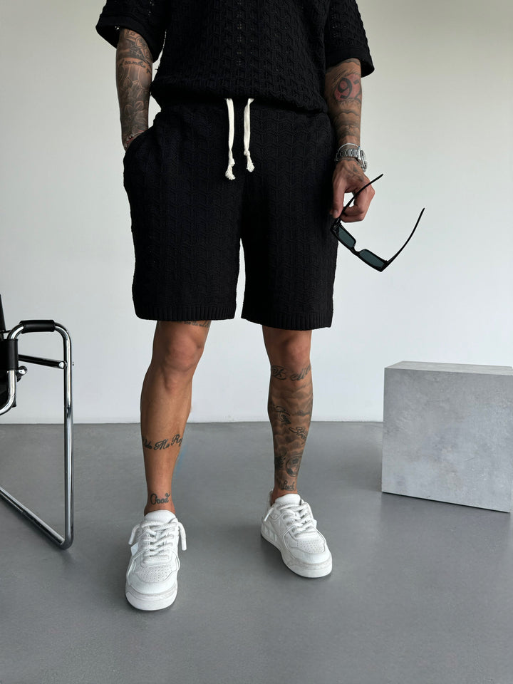 Loose Fit Structured Knit Shorts - Black