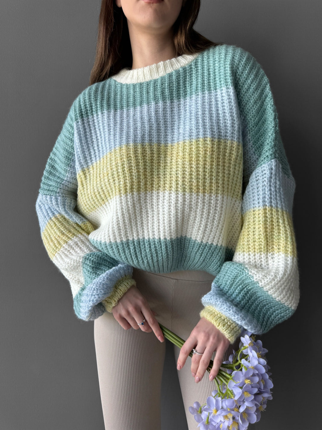 Puffer Arm Rainbow Sweater - Blue