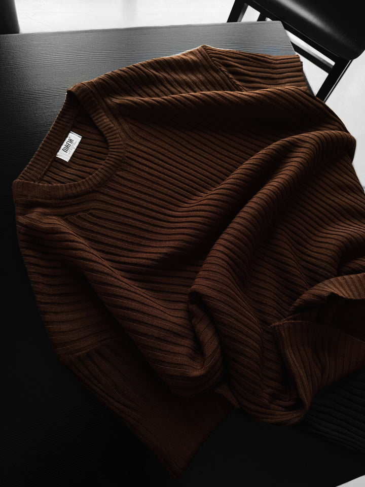 Loose Fit Ribbed Knit T-Shirt - Dark Brown