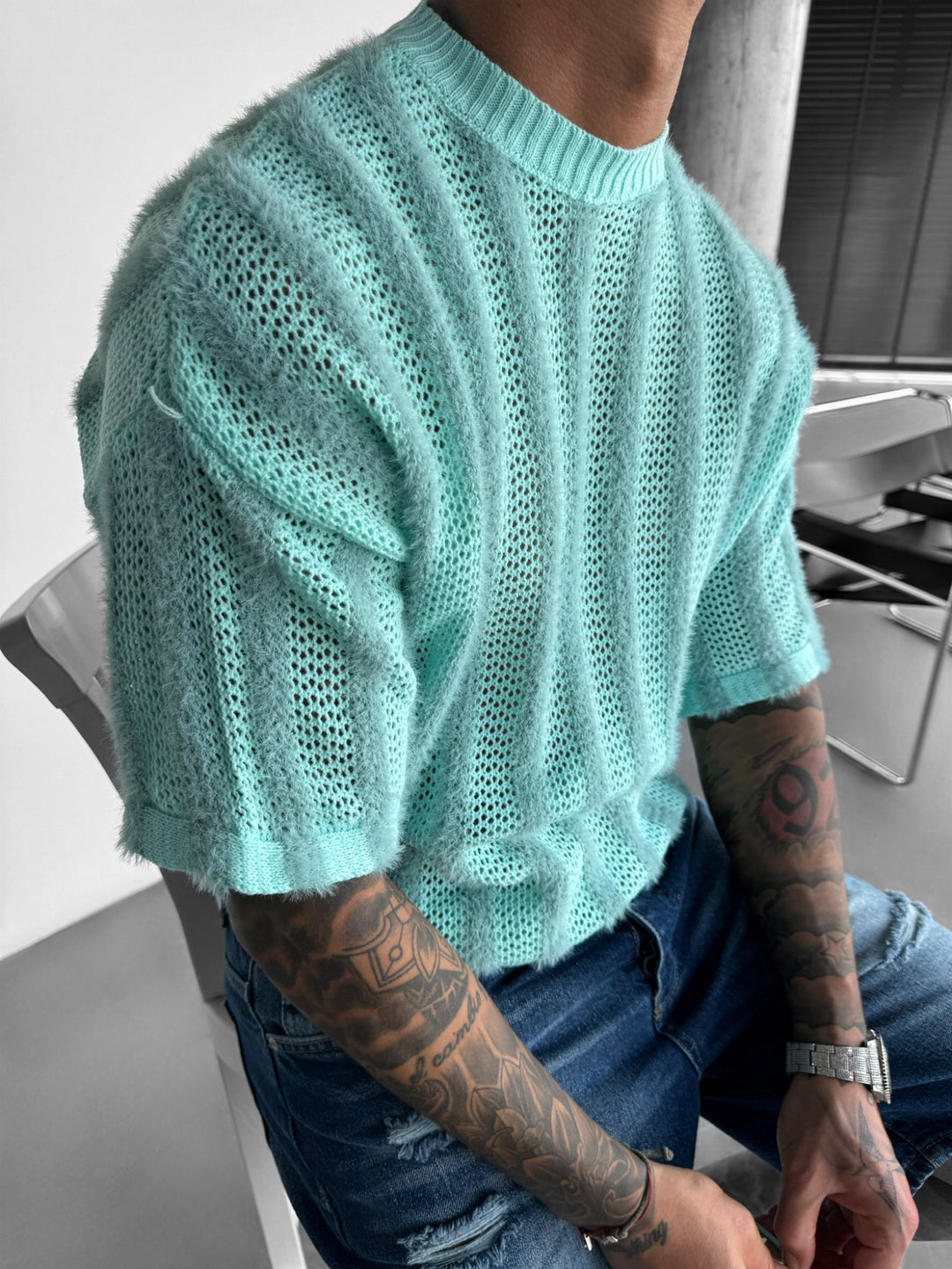 Oversize Hairy Lines Knit T-shirt - Babyblue