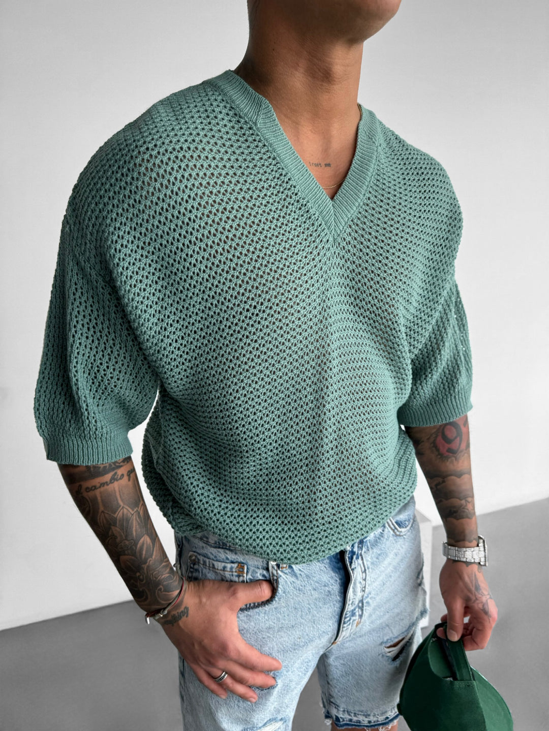 Oversize V Neck Knit T-shirt - Mint