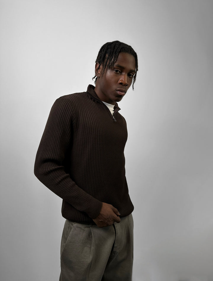 Slim Fit Half Zip Textured Sweater - Dark Brown