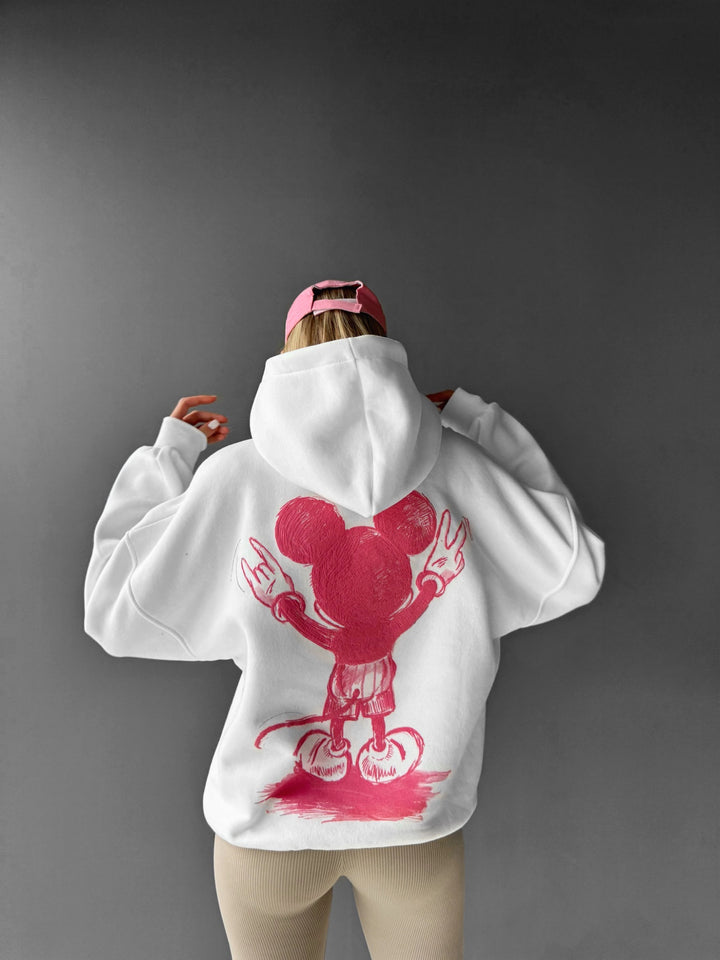 Oversize Women Mouse Hoodie - White and Pink