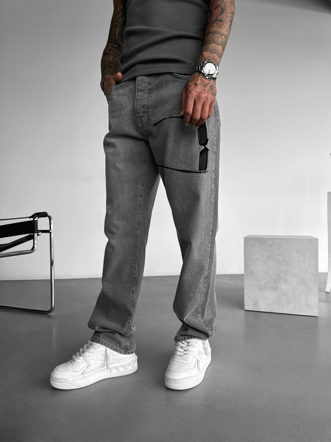 Baggy Washed Jeans - Dark Grey