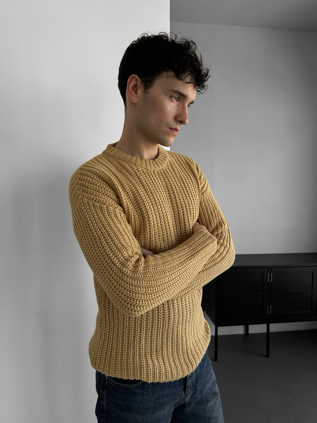 Slim Fit Braid Knit Sweater - Beige