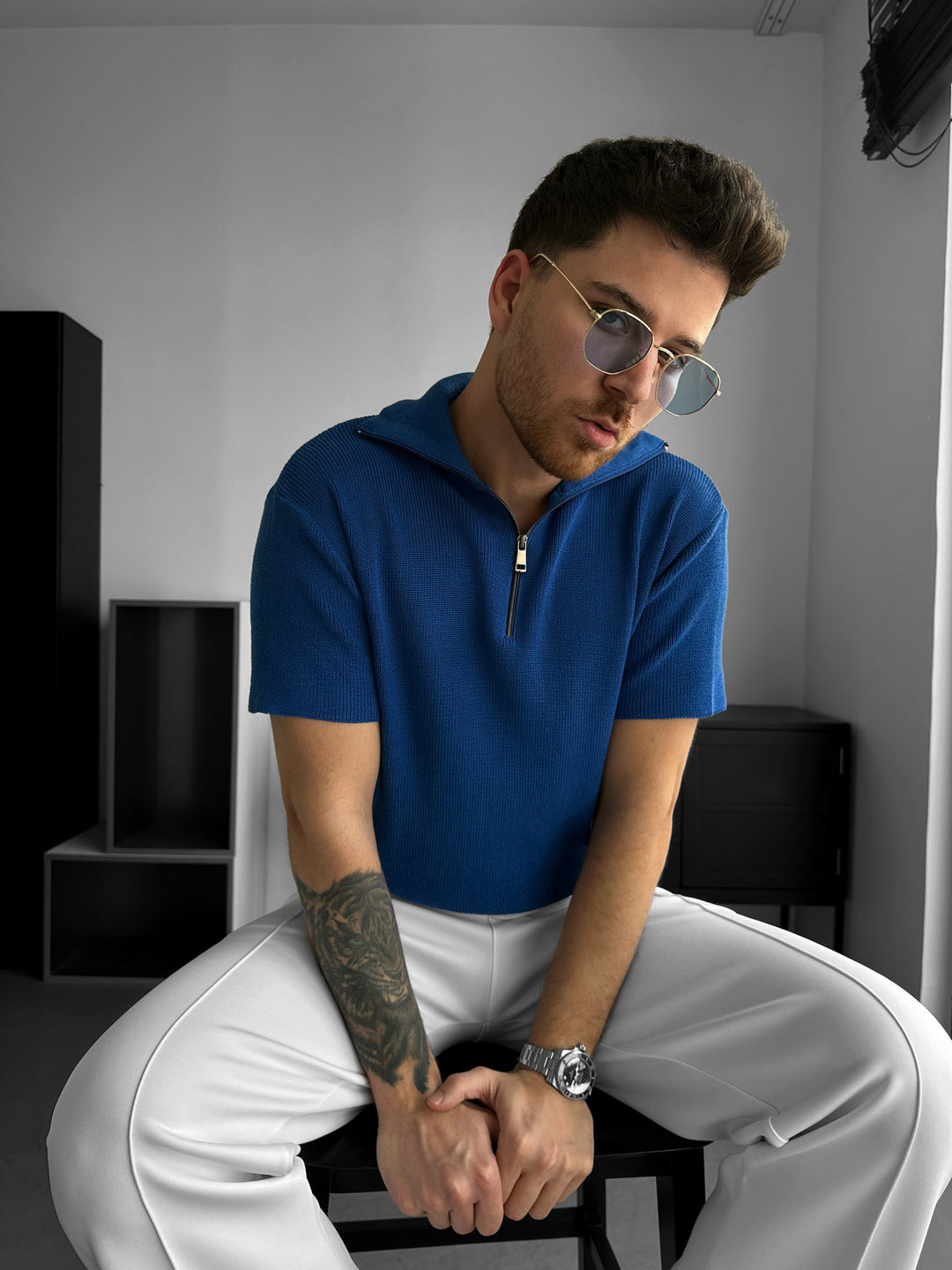 Oversize Zip Neck Knit T-shirt - Sax