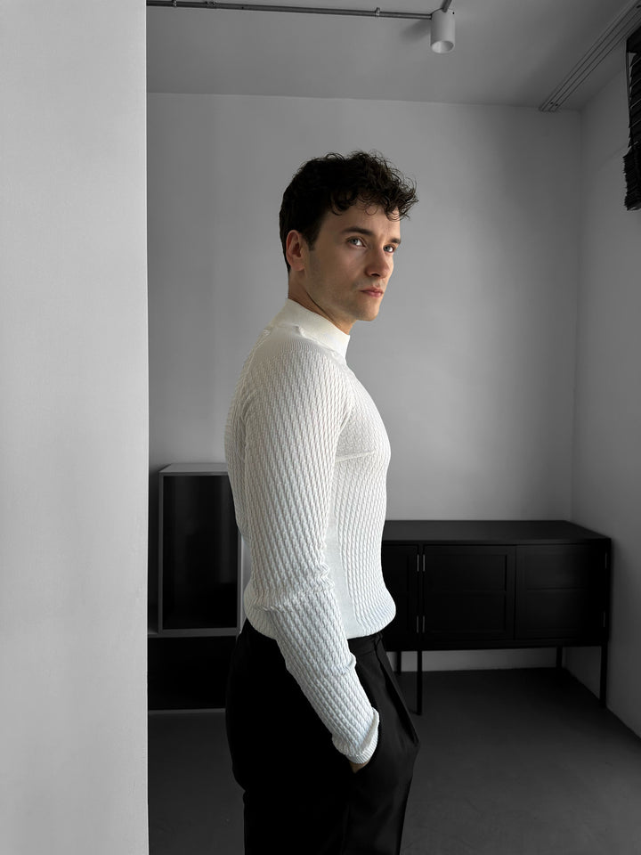 Slim Fit Mock Neck Knit Sweater - Ecru