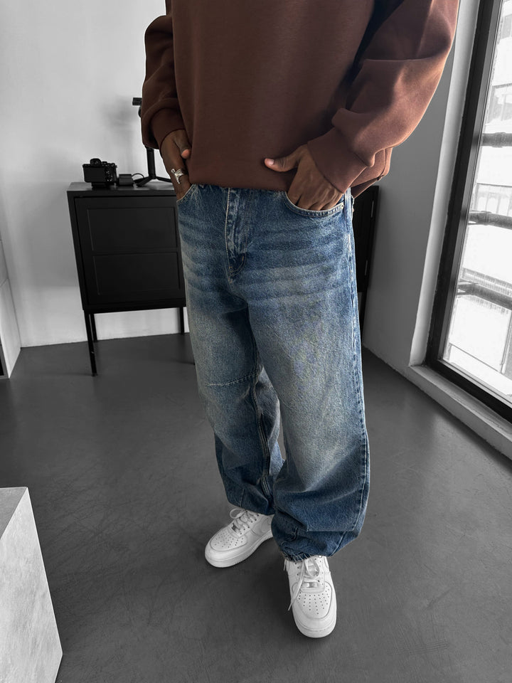 Baggy Stitched Jeans - Dark Blue