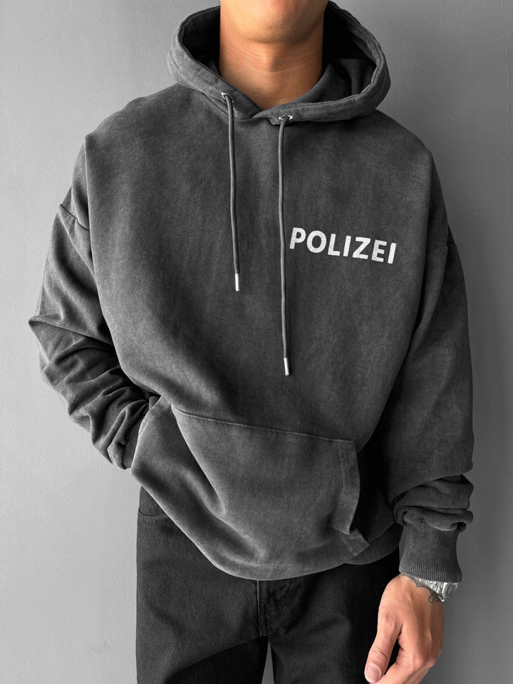 Oversize Washed Polizei Hoodie - Black