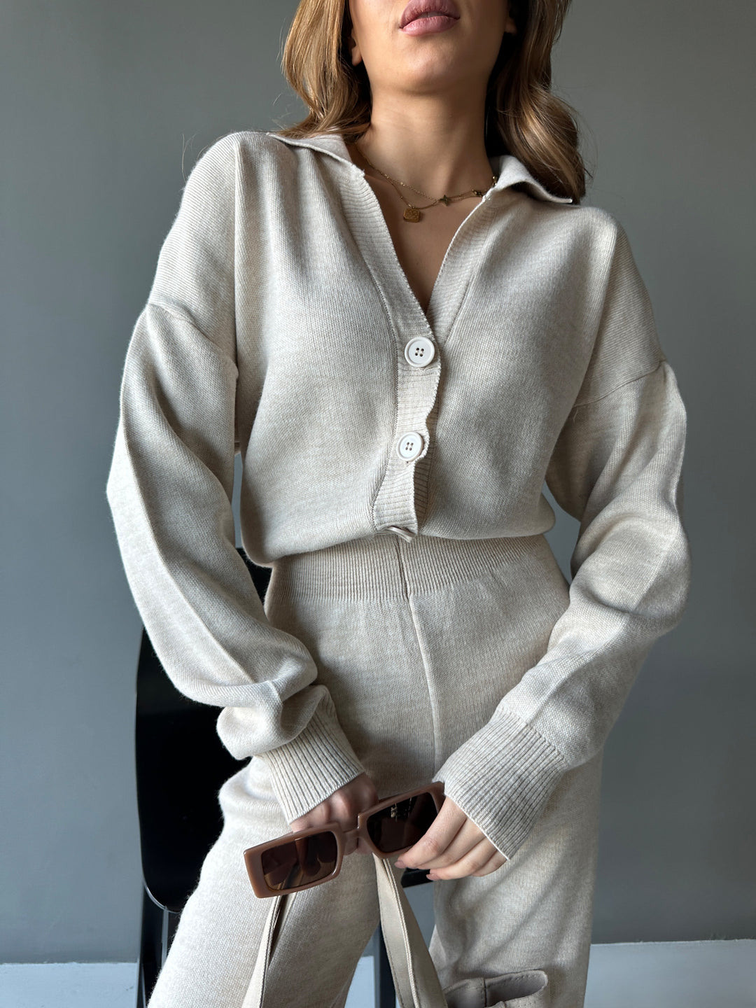 Long Arm Knit Jumpsuit - Beige