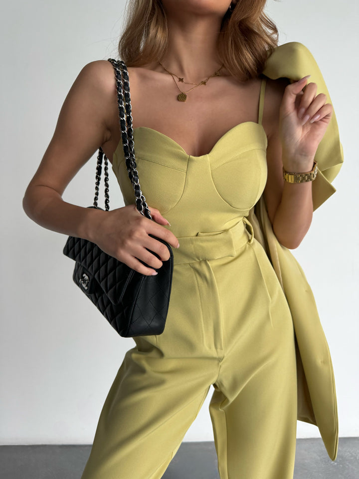 Heart Neck Top with Blazer - Pistachio