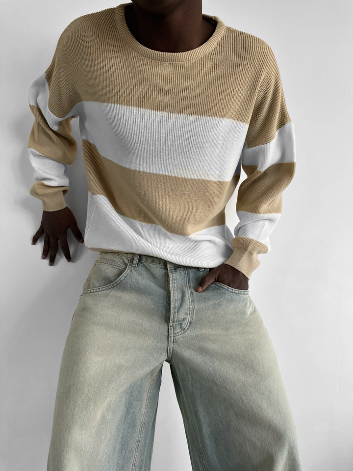 Loose Fit Strip Knit Sweater - Camel