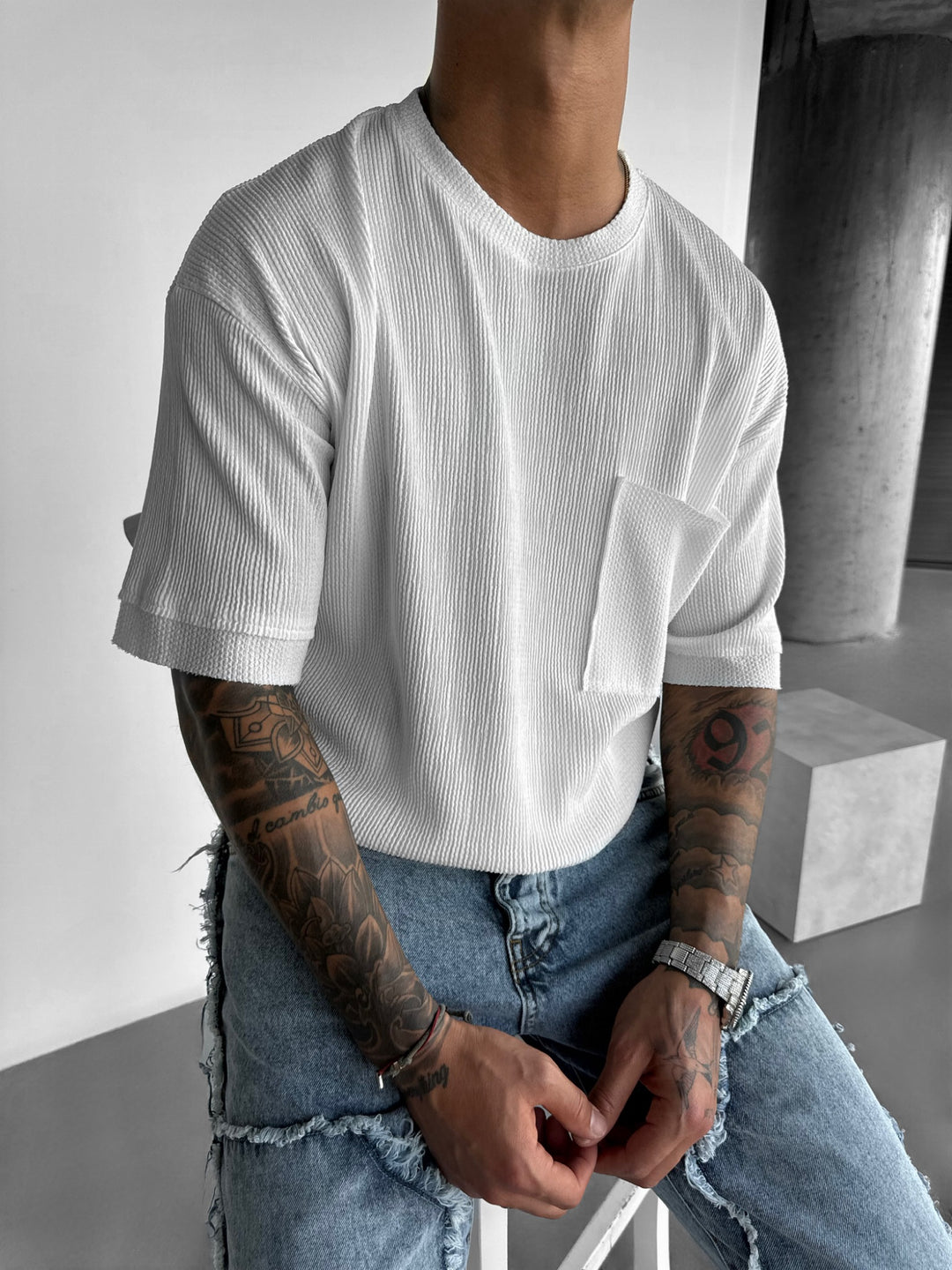 Oversize Structure Knit T-shirt - White