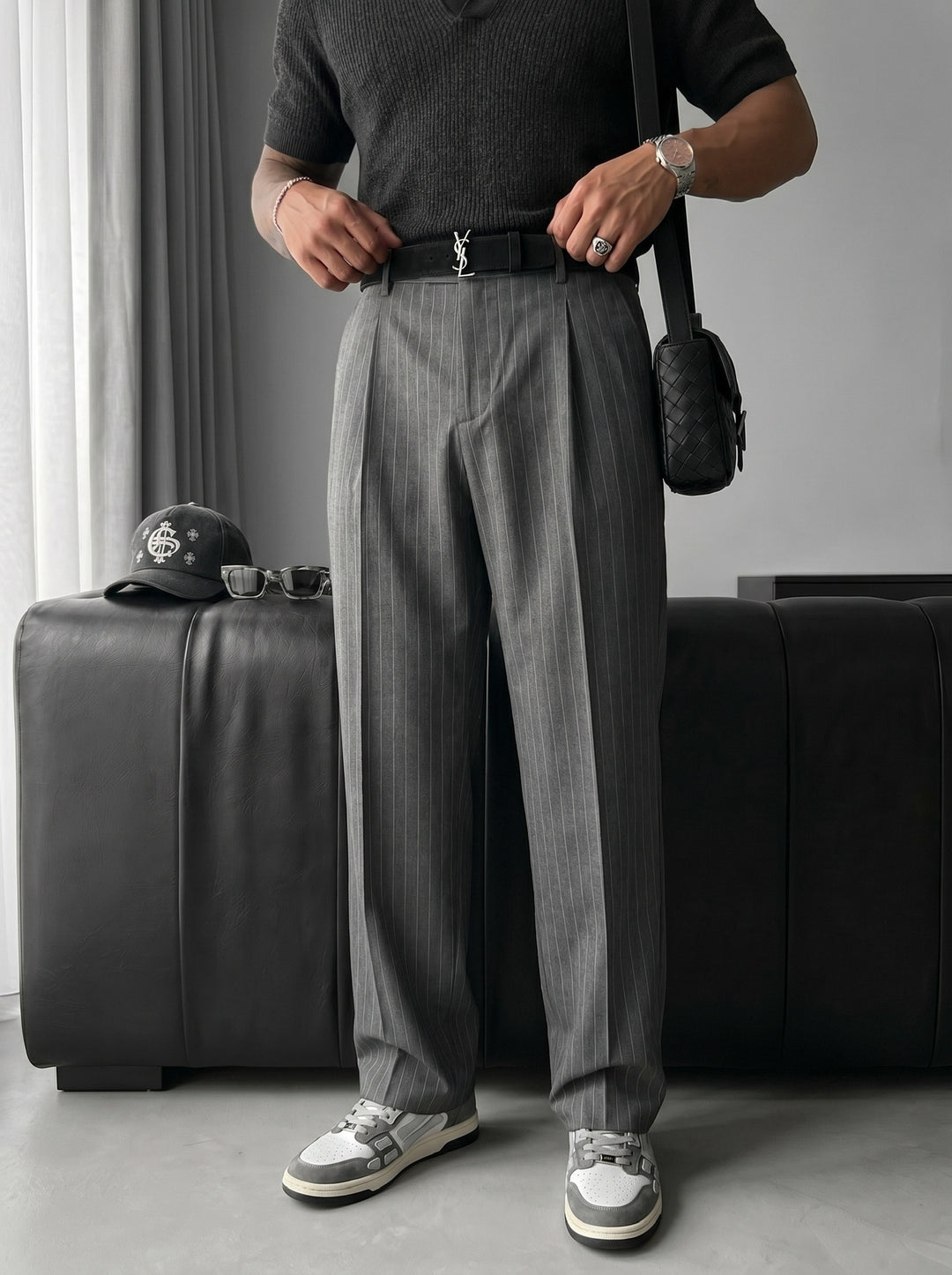 Loose Fit Striped Trousers - Anthracite
