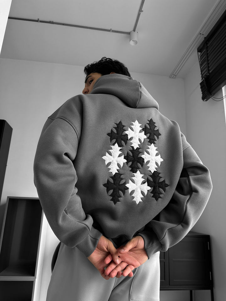 Oversize Gothic Cross Hoodie - Anthracite