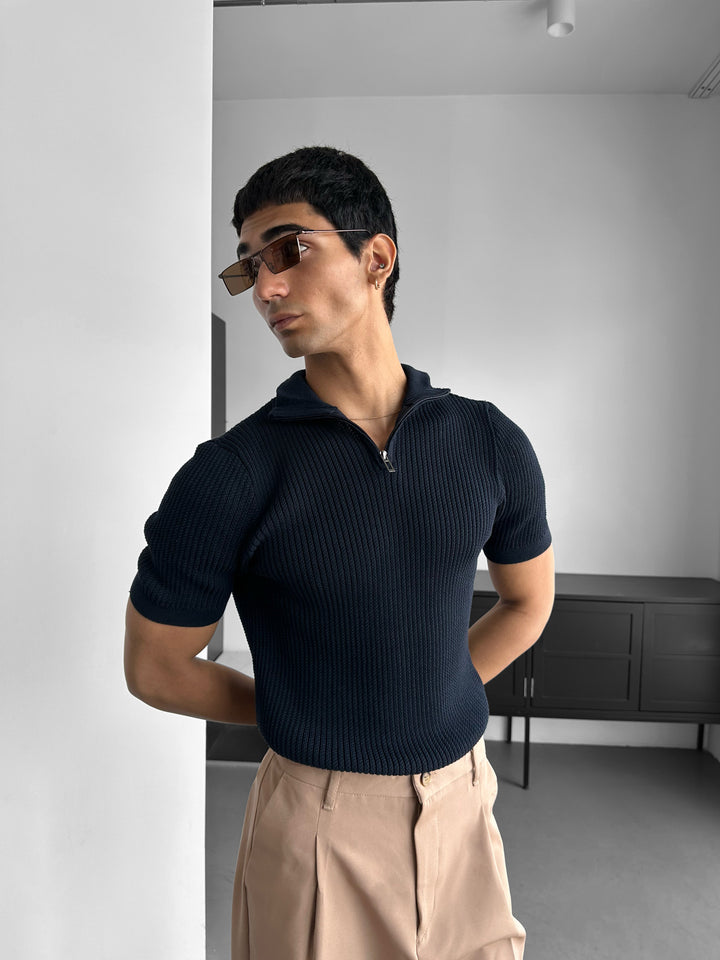 Slim Fit Mock Neck Zip T-shirt - Navy Blue