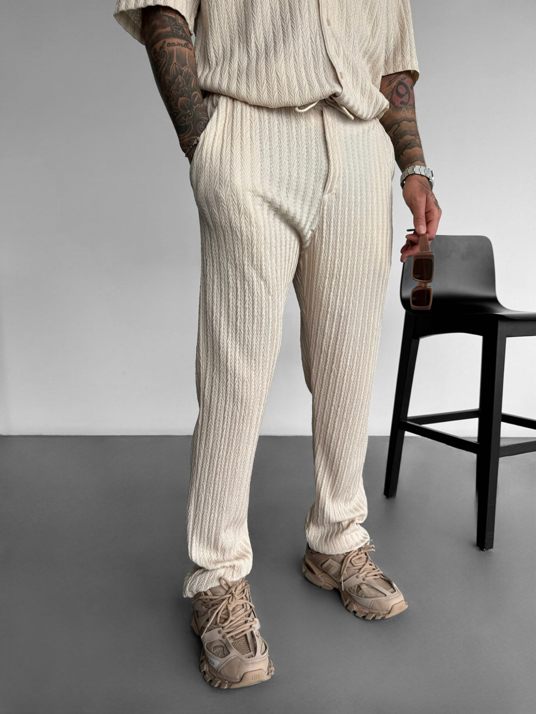 Loose Fit Structure Trousers - Beige