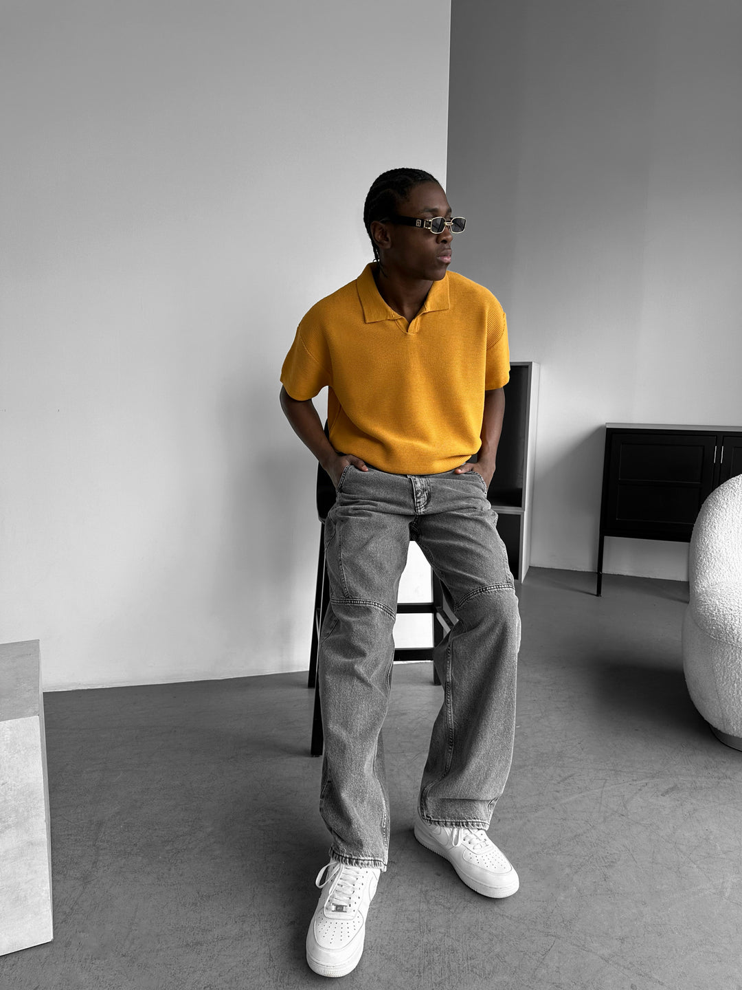 Oversize Collar Ribbed Knit T-Shirt - Saffron