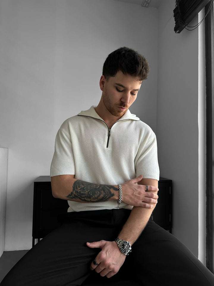 Oversize Zip Neck Knit T-shirt - Ecru