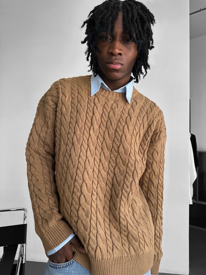 Oversize Knit Braid Sweater - Brown