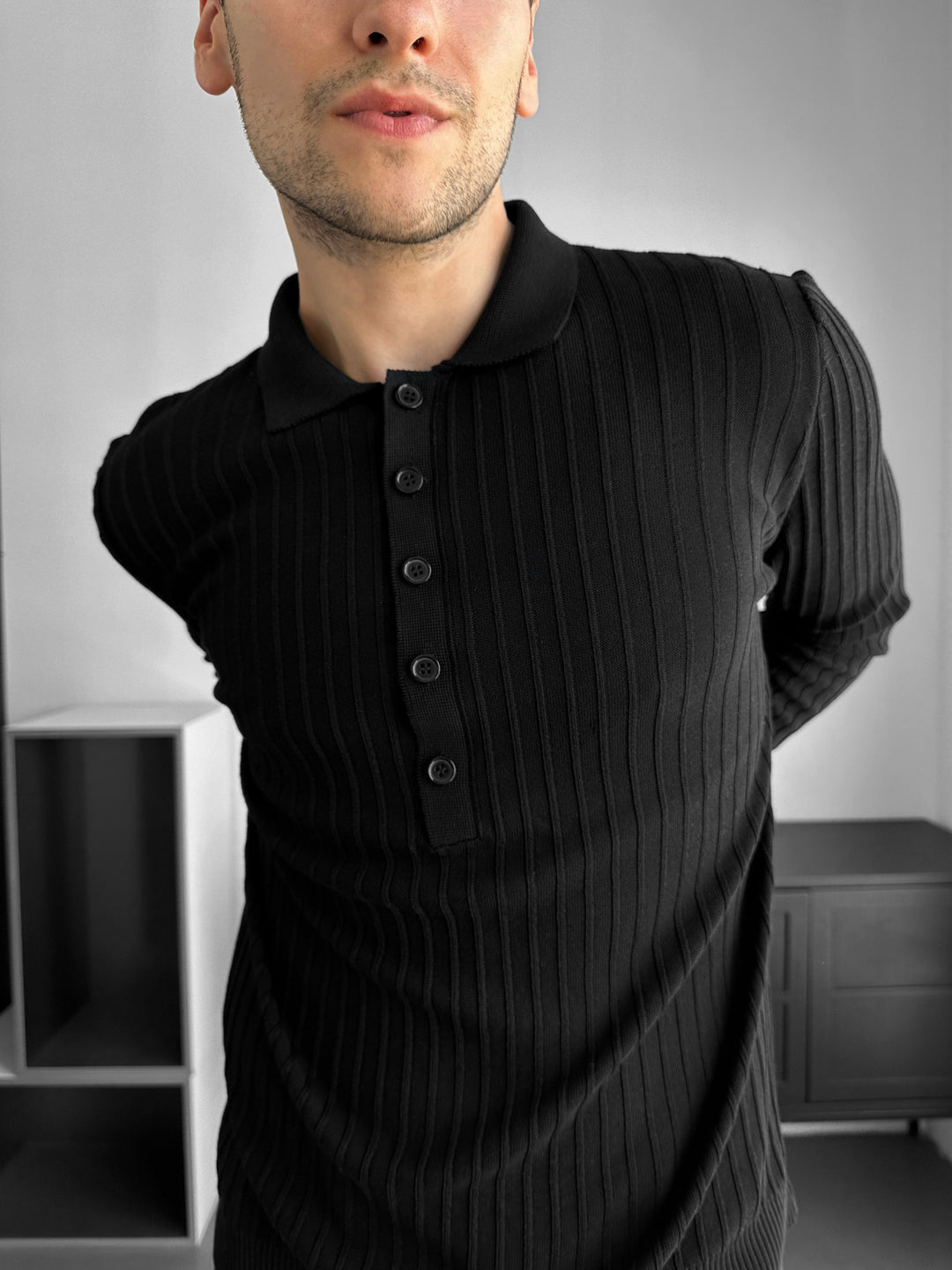 Slim Fit Polo Knit Sweater - Black