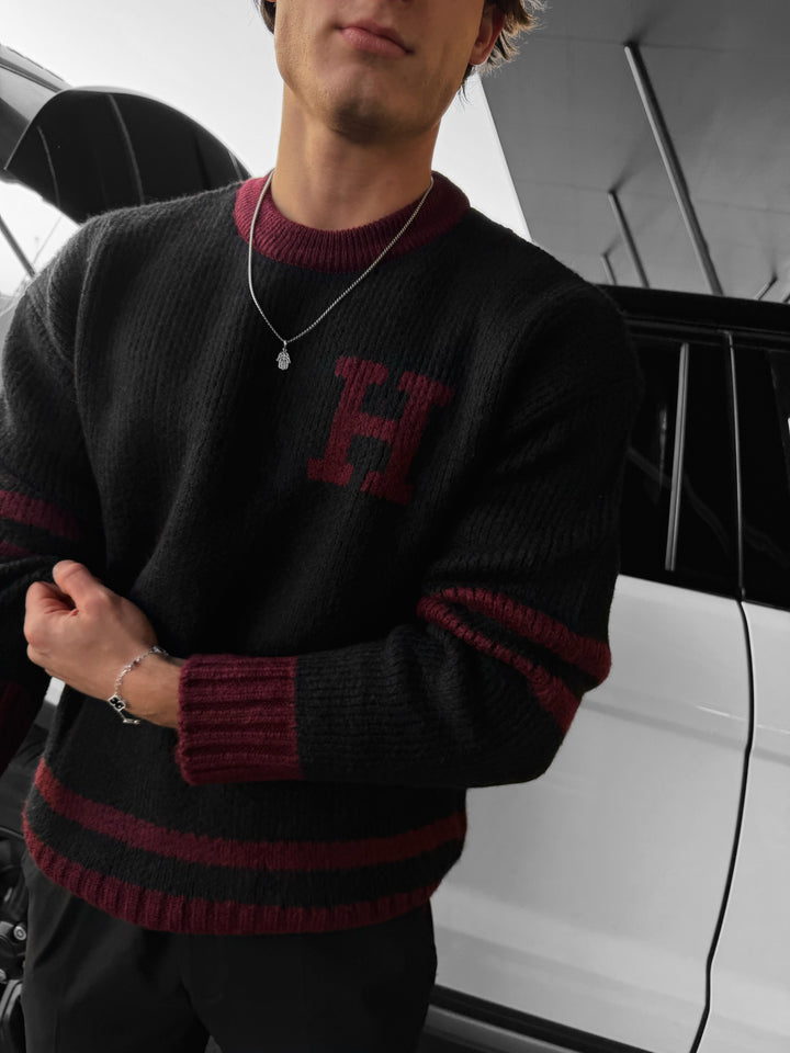 Oversize Knit Letter Sweater - Bordeaux