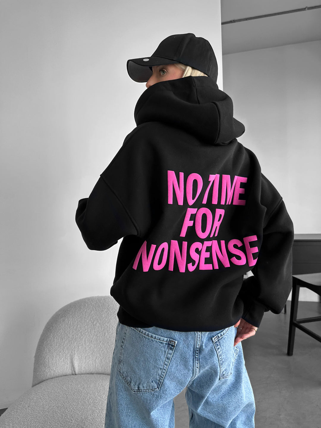 Oversize “No Time for Nonsense” Hoodie - Black