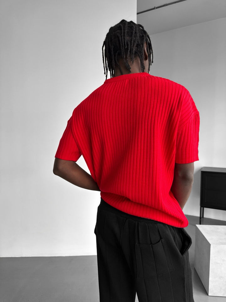 Loose Fit Ribbed Knit T-Shirt - Red