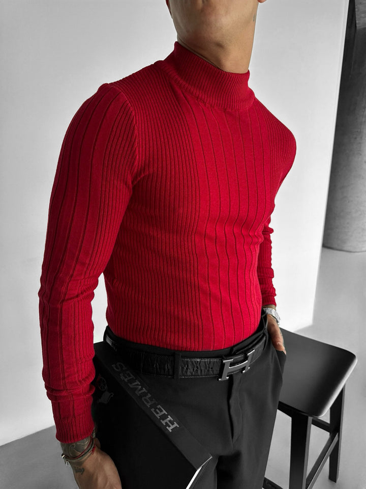Half Collar Skinny Pullover - Red