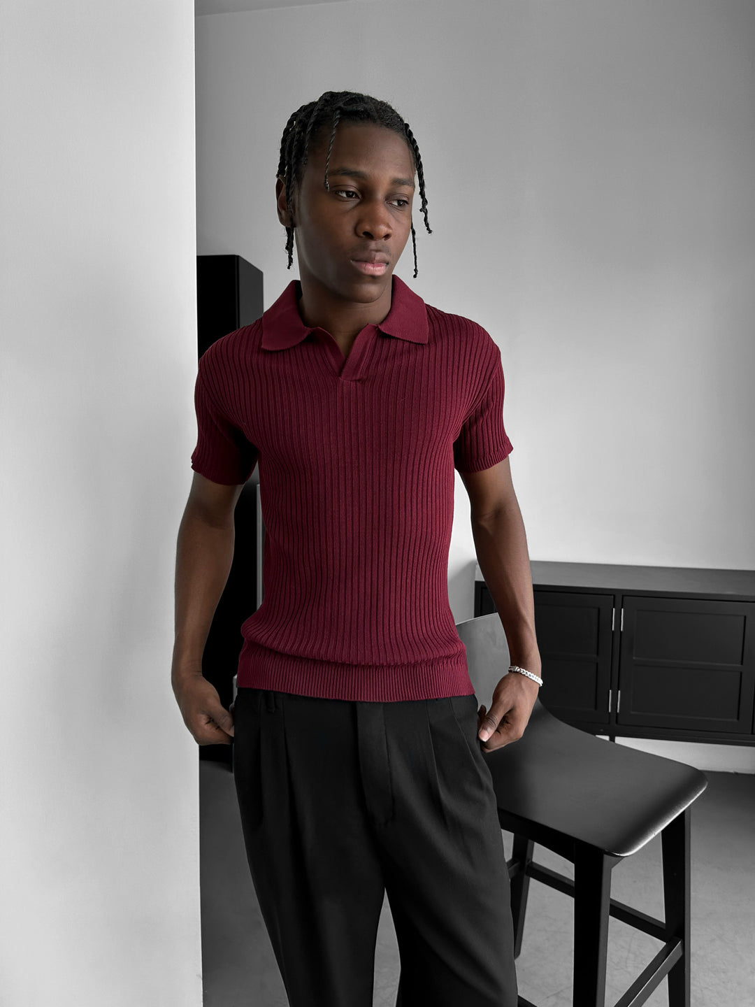 Slim Fit Knit Polo T-Shirt - Plum