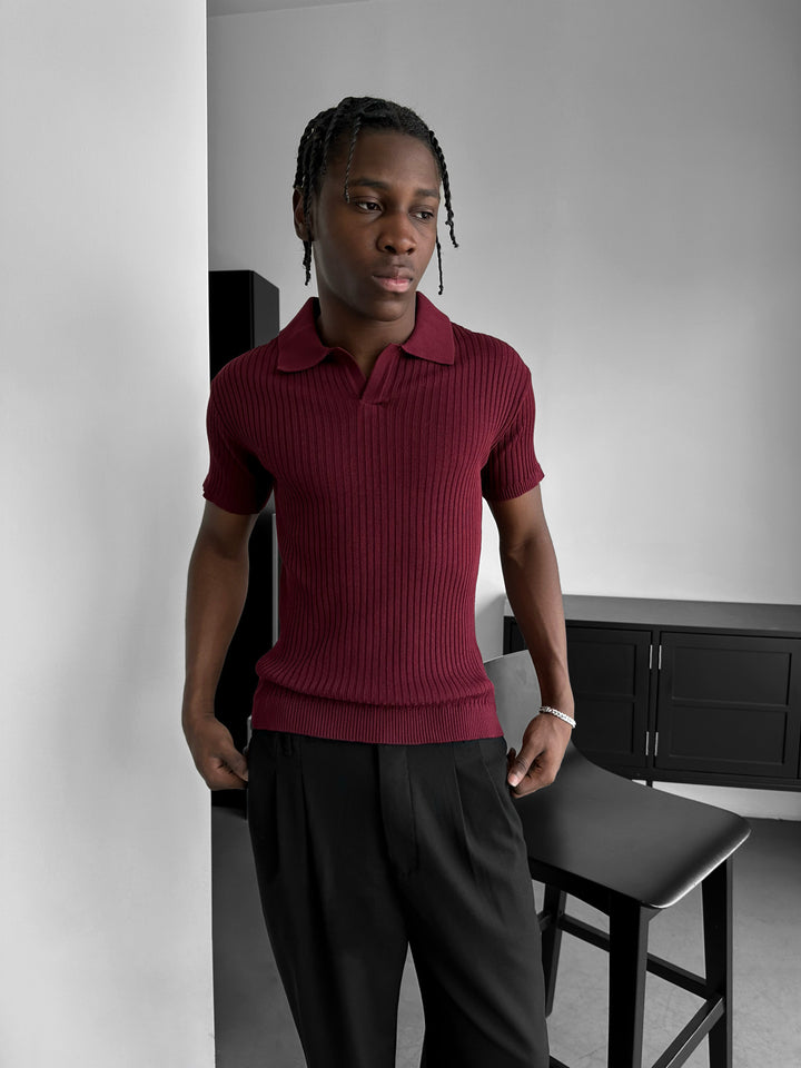 Slim Fit Knit Polo T-Shirt - Plum