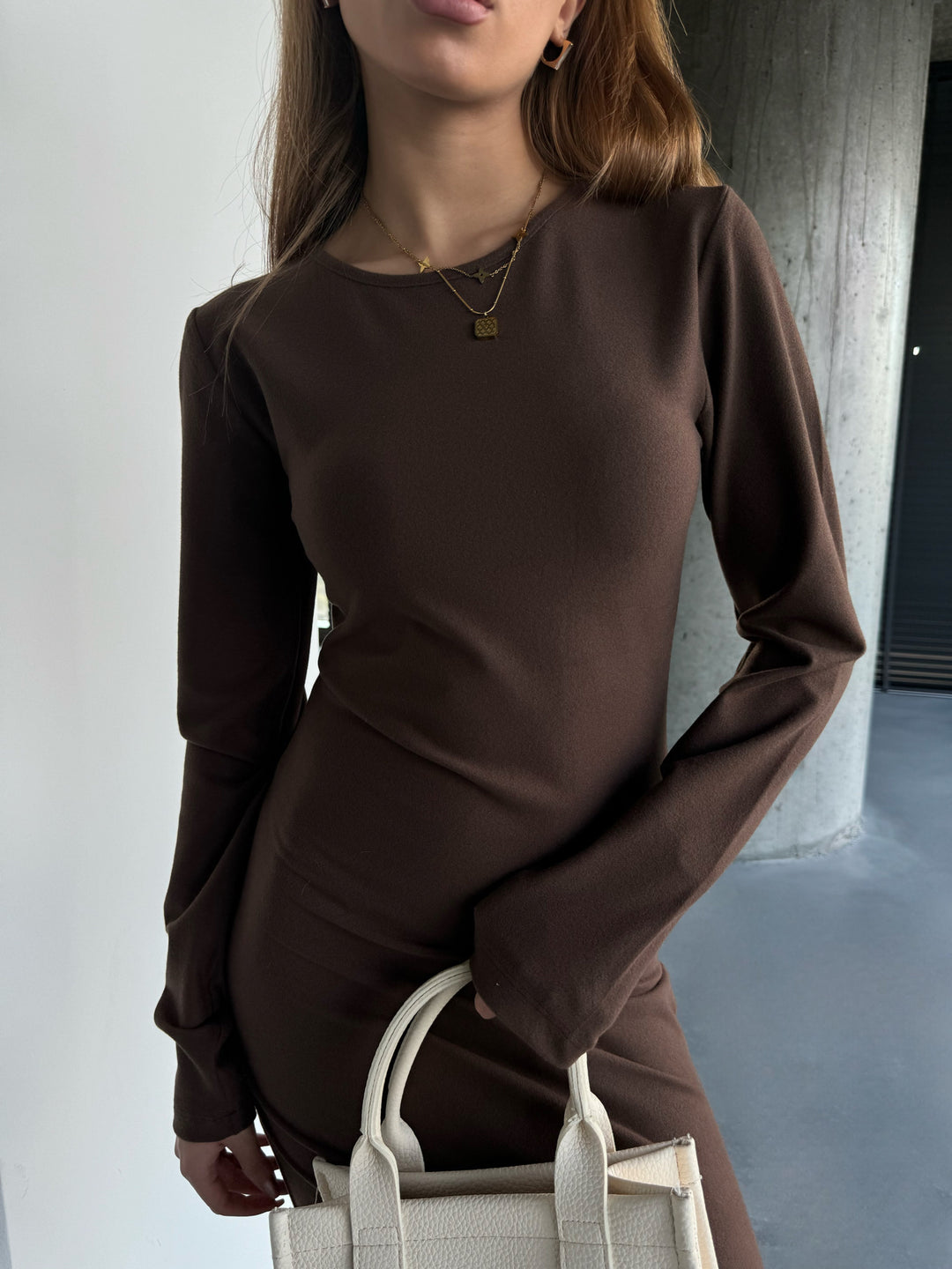 Long Arm Maxi Dress - Brown