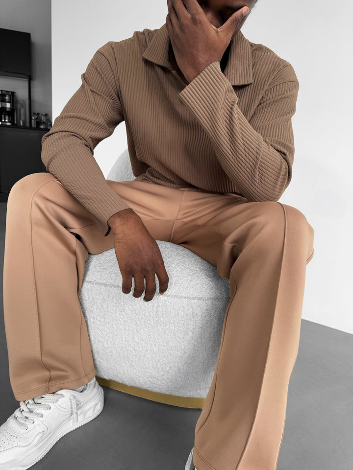 Oversize Ribbed Long Arm Polo T-shirt - Brown