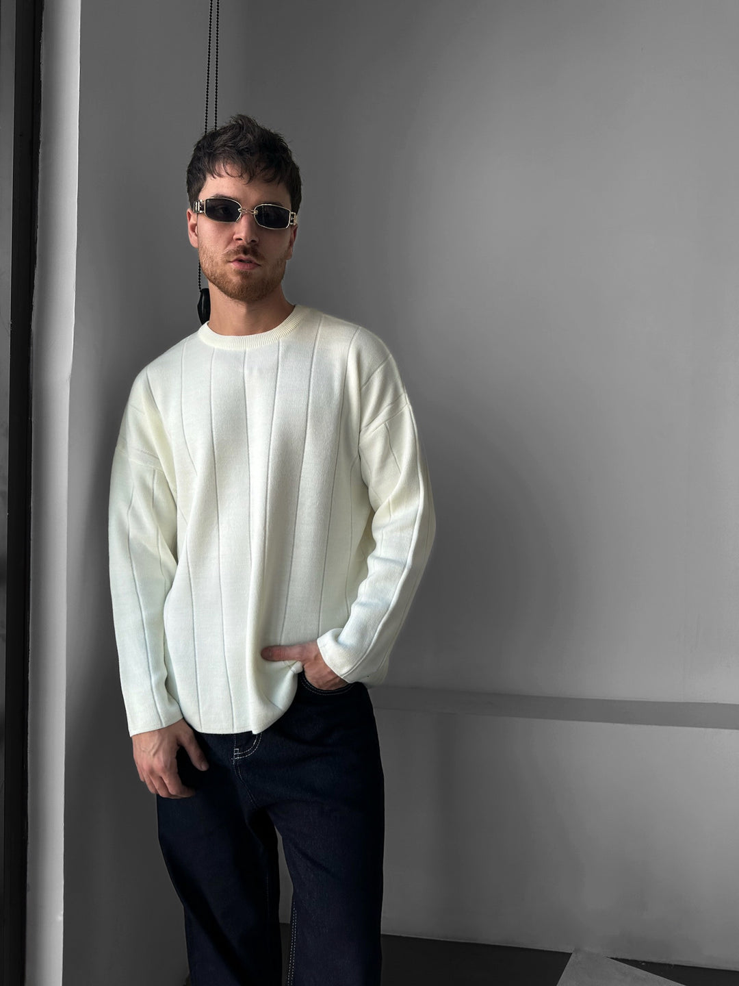 Oversize Lines Knit Sweatshirt - Ecru