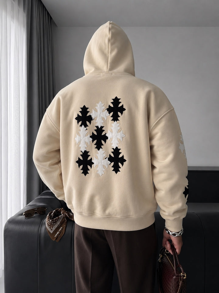 Oversize Gothic Cross Hoodie - Beige