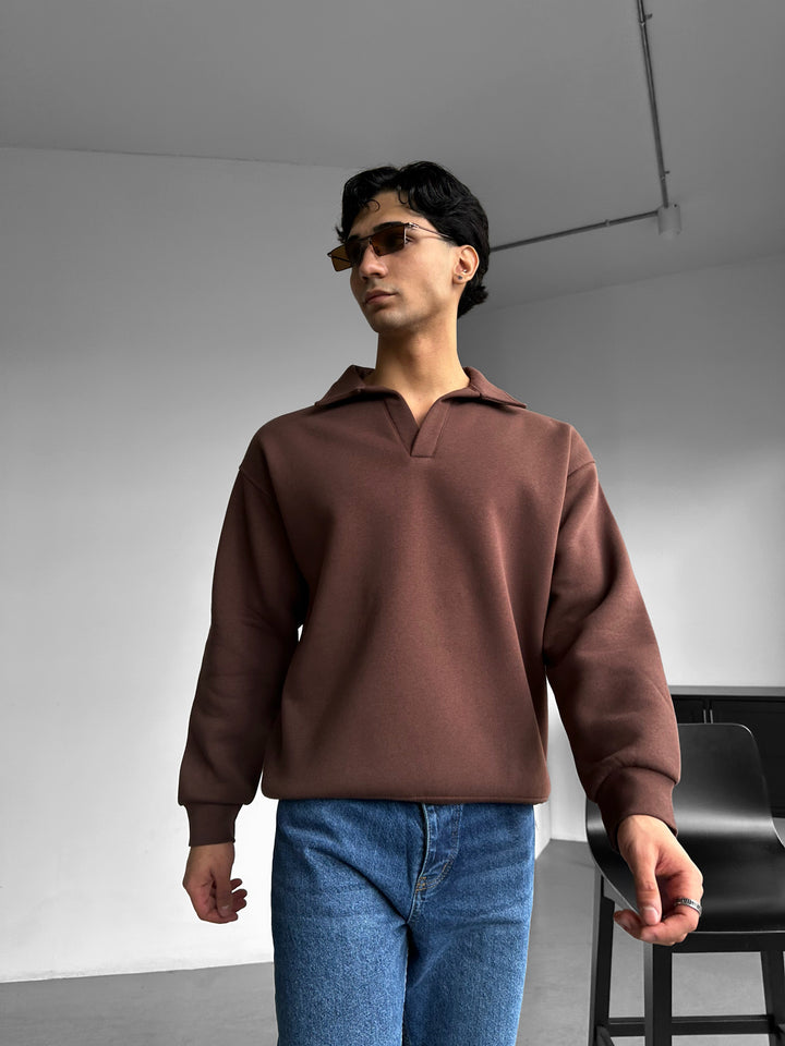 Oversize Basic Polo Sweatshirt - Chocolate Brown