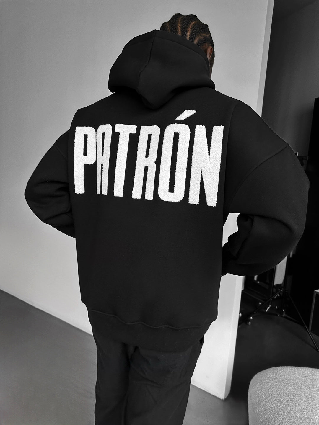 Oversize Detailed Patron Hoodie - Black and White