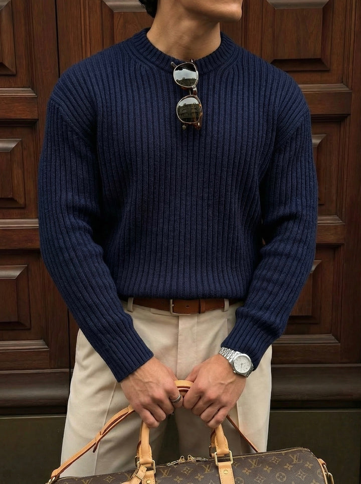 Loose Fit Striped Structure Pullover - Navy Blue
