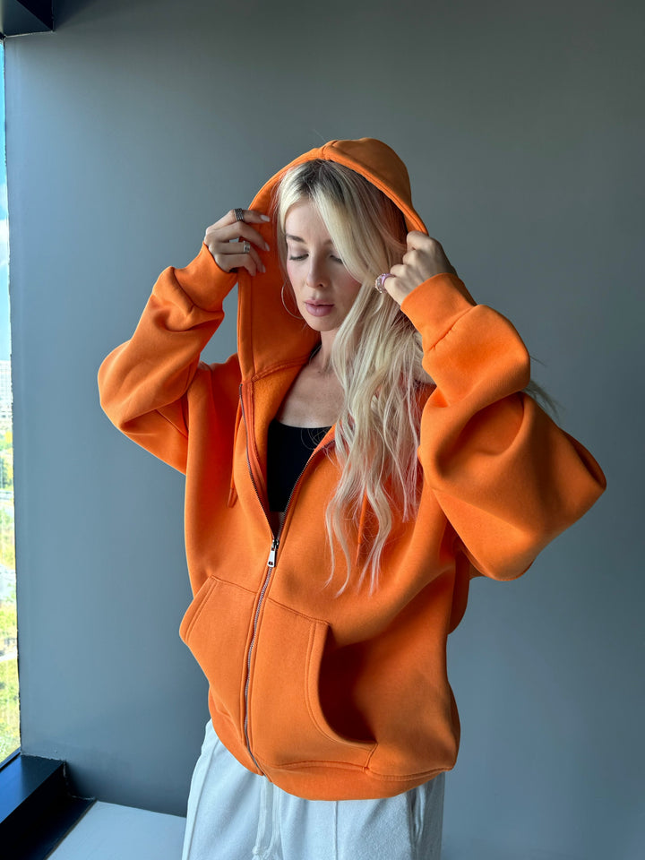 Oversize Basic Zipper Hoodie - Orange