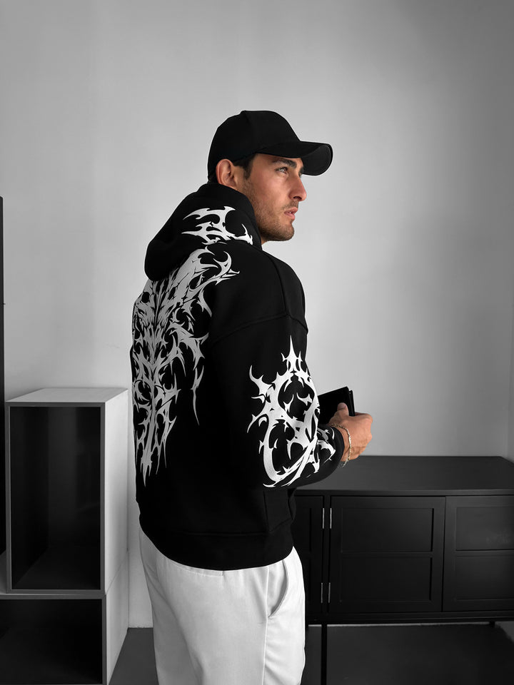 Oversize Skull Flame Hoodie - Black