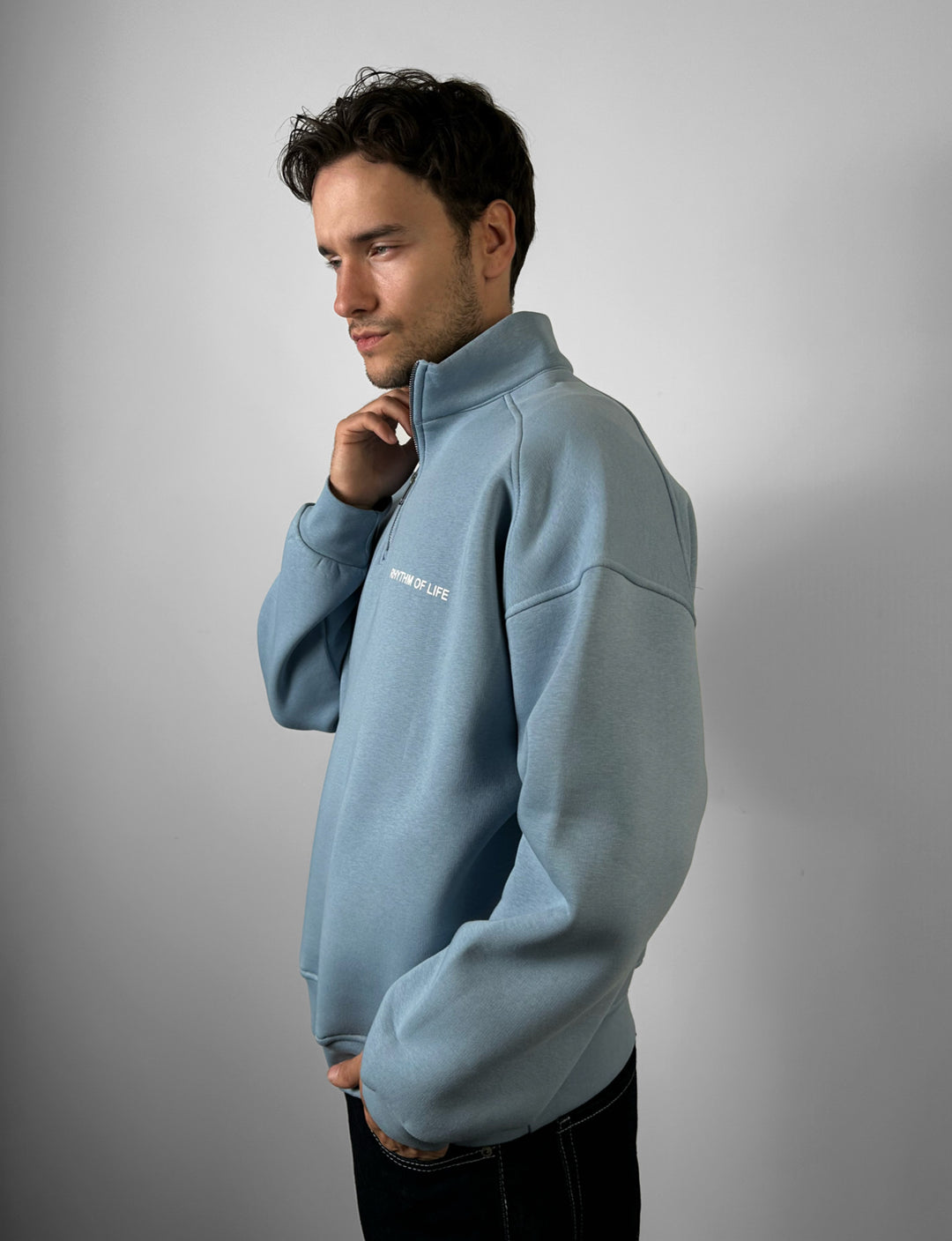 Oversize Half-Zip Motto Sweatshirt - Faded Denim