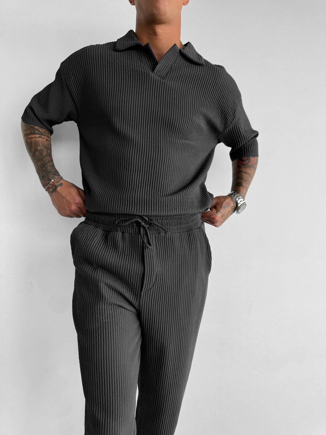 Oversize Ribbed Polo T-Shirt - Anthracite